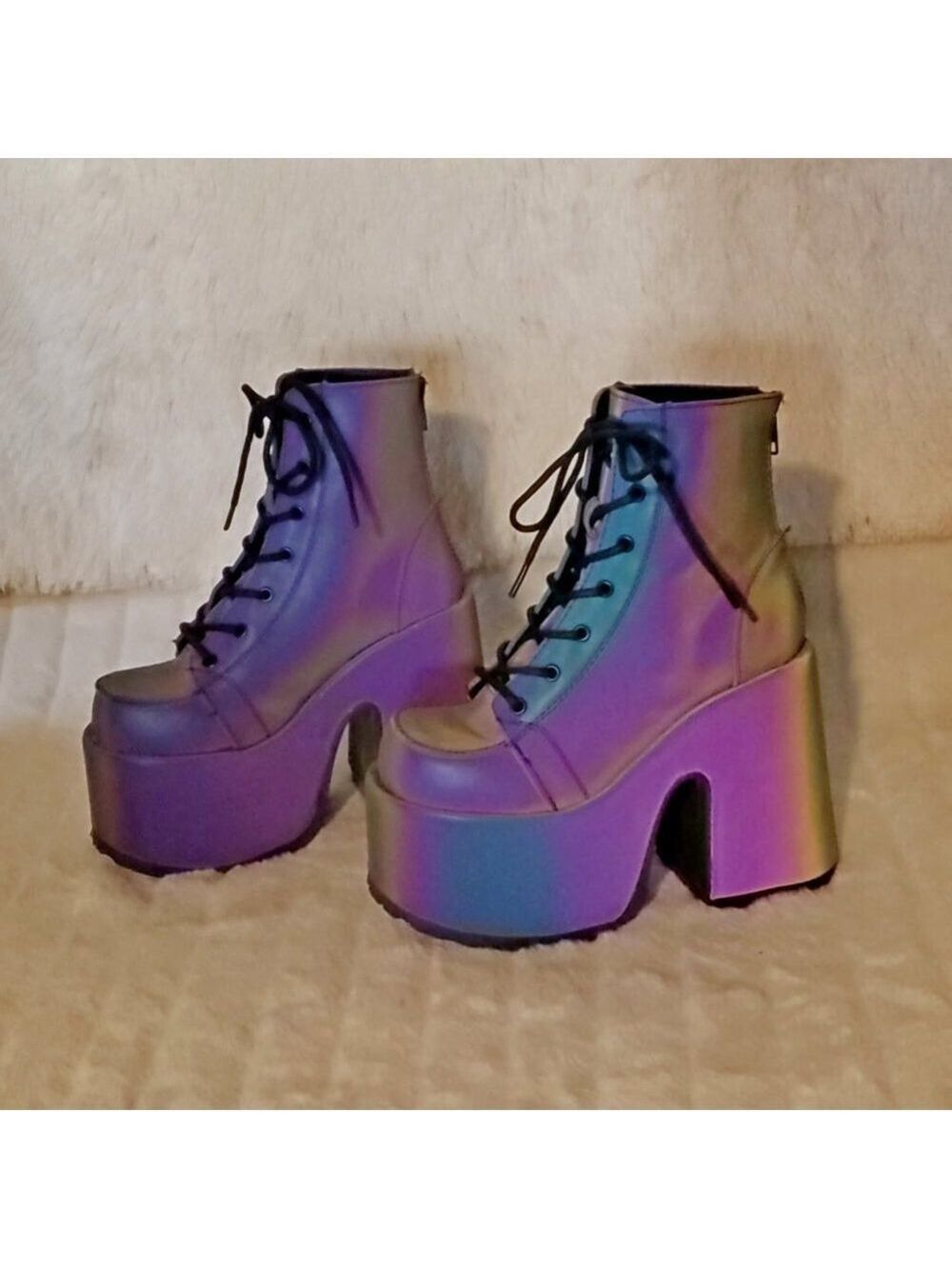Camel Purple Green Reflective Rave Royalty Festival Platform Ankle Boots - Picture 14 of 15